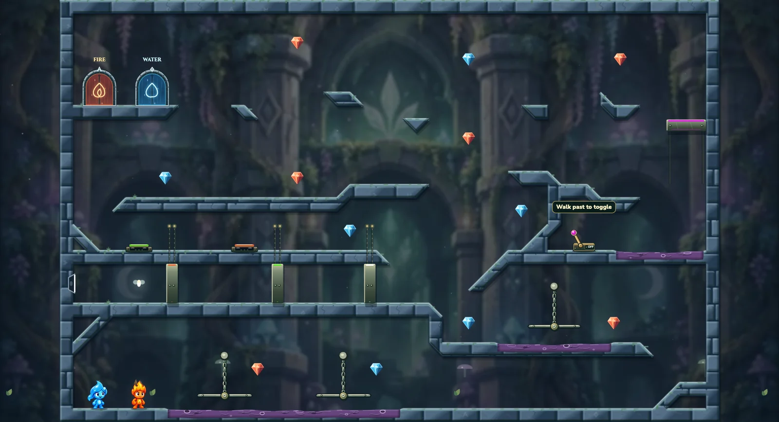 The Hanging Fairy Bridges, fairy level 23: actual game view with Fireboy, Watergirl, diamonds, elemental pools, matching exits, and this level’s mechanisms.