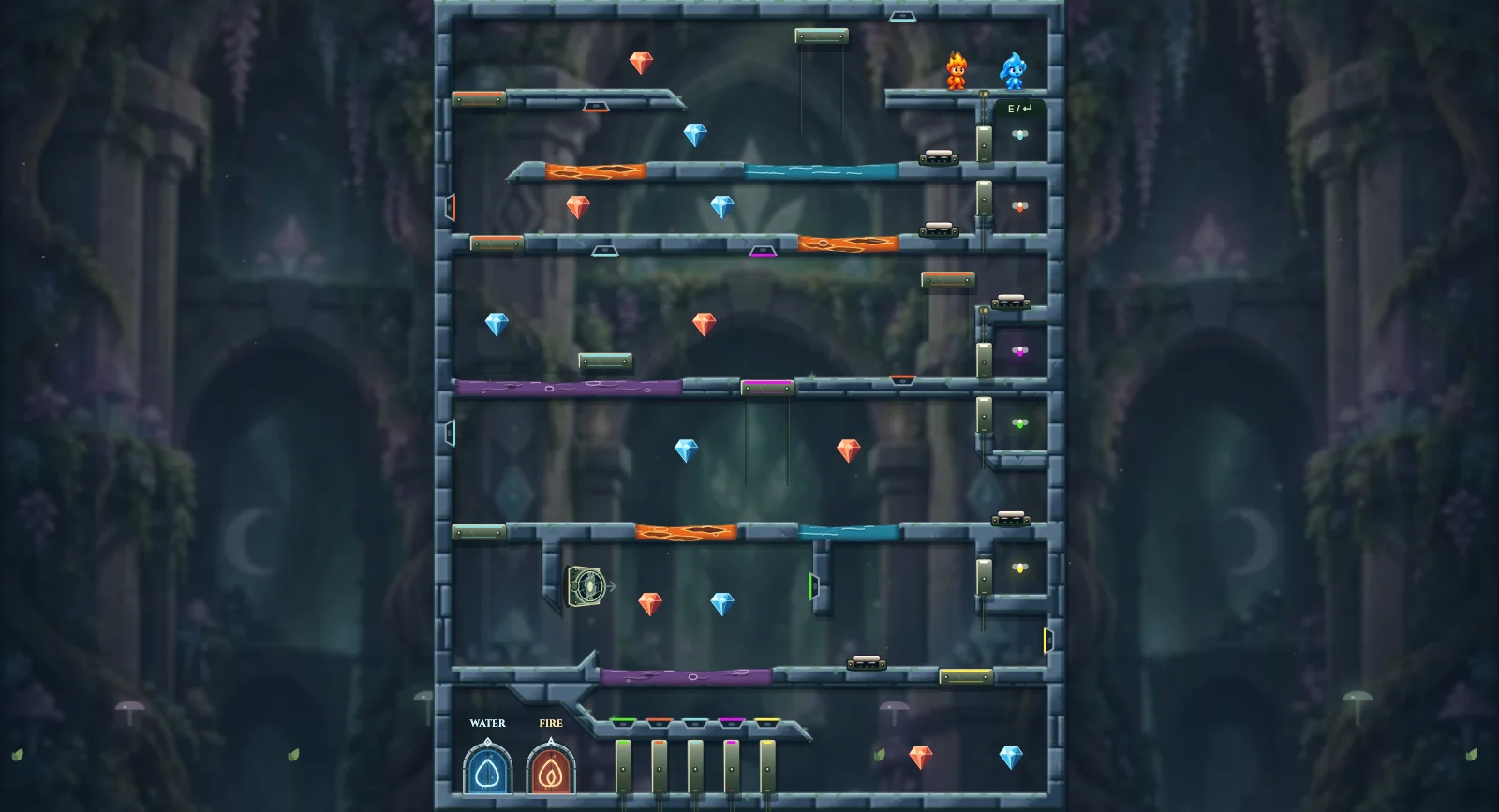 The Great Lamp Tower, fairy level 24: actual game view with Fireboy, Watergirl, diamonds, elemental pools, matching exits, and this level’s mechanisms.