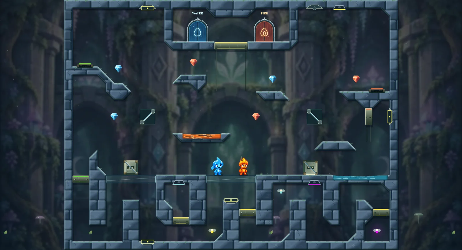 The Reflector Gallery, fairy level 25: actual game view with Fireboy, Watergirl, diamonds, elemental pools, matching exits, and this level’s mechanisms.