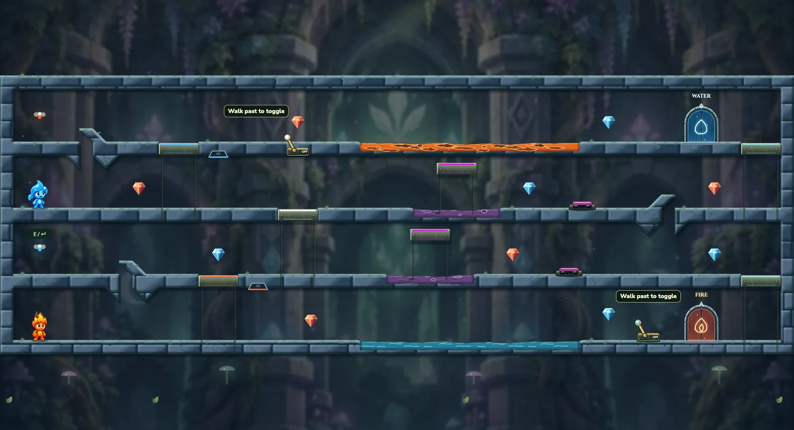 The Two Colour Run, fairy level 26: actual game view with Fireboy, Watergirl, diamonds, elemental pools, matching exits, and this level’s mechanisms.
