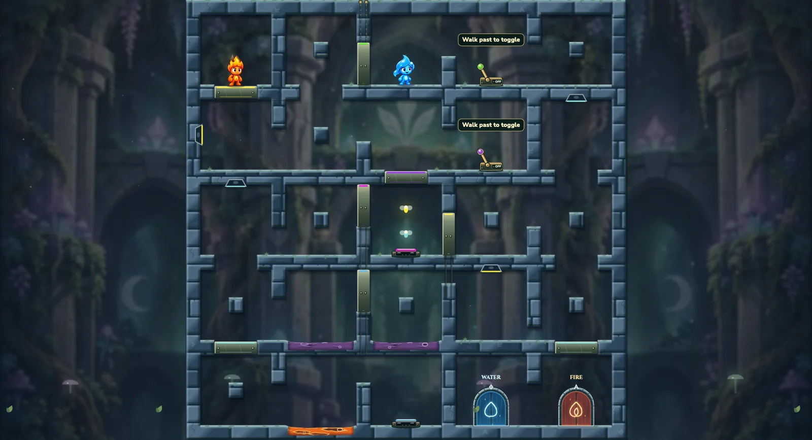 The Central Fairy Vault, fairy level 27: actual game view with Fireboy, Watergirl, diamonds, elemental pools, matching exits, and this level’s mechanisms.