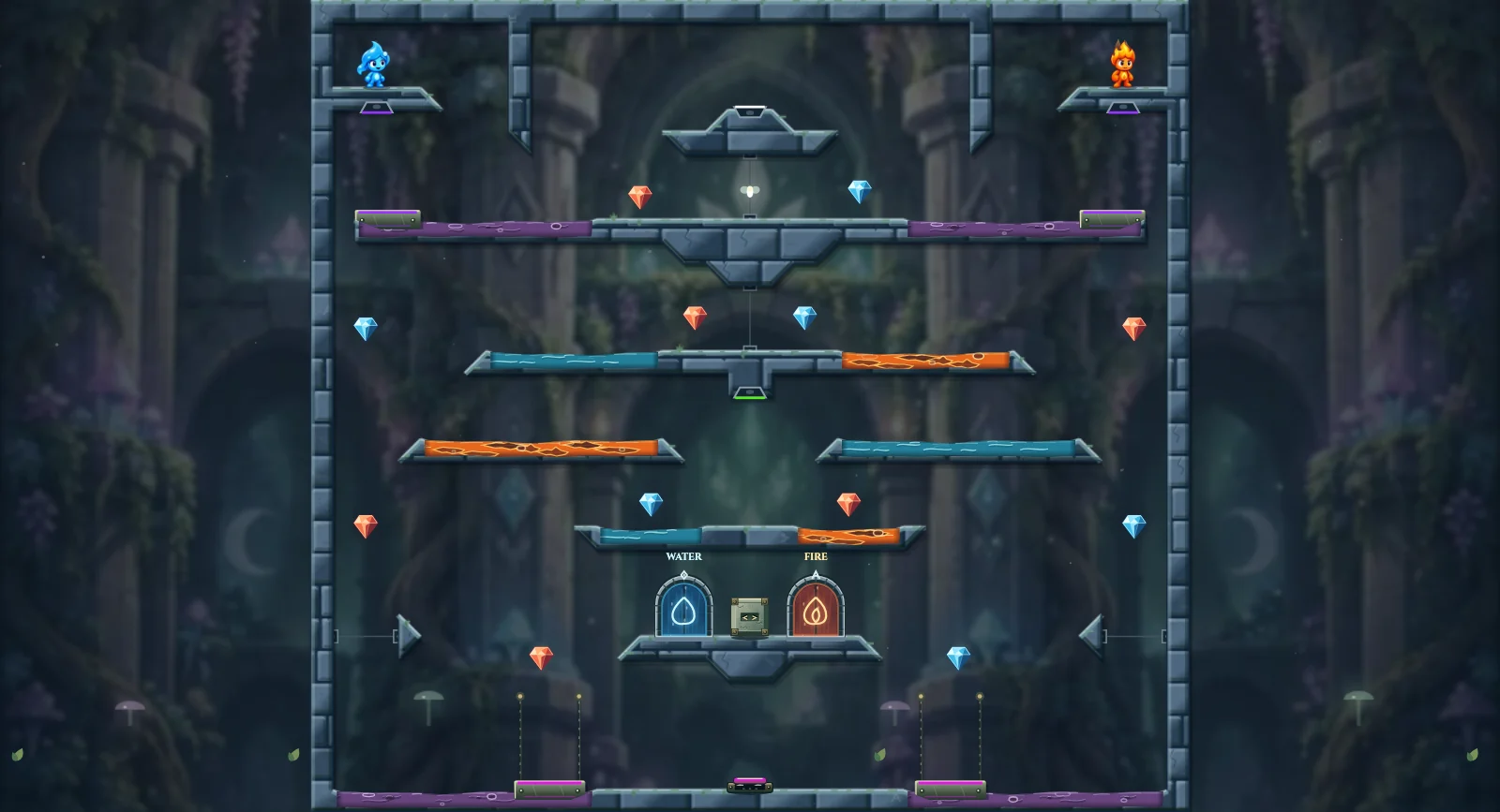 The Turning Fairy Portals, fairy level 28: actual game view with Fireboy, Watergirl, diamonds, elemental pools, matching exits, and this level’s mechanisms.