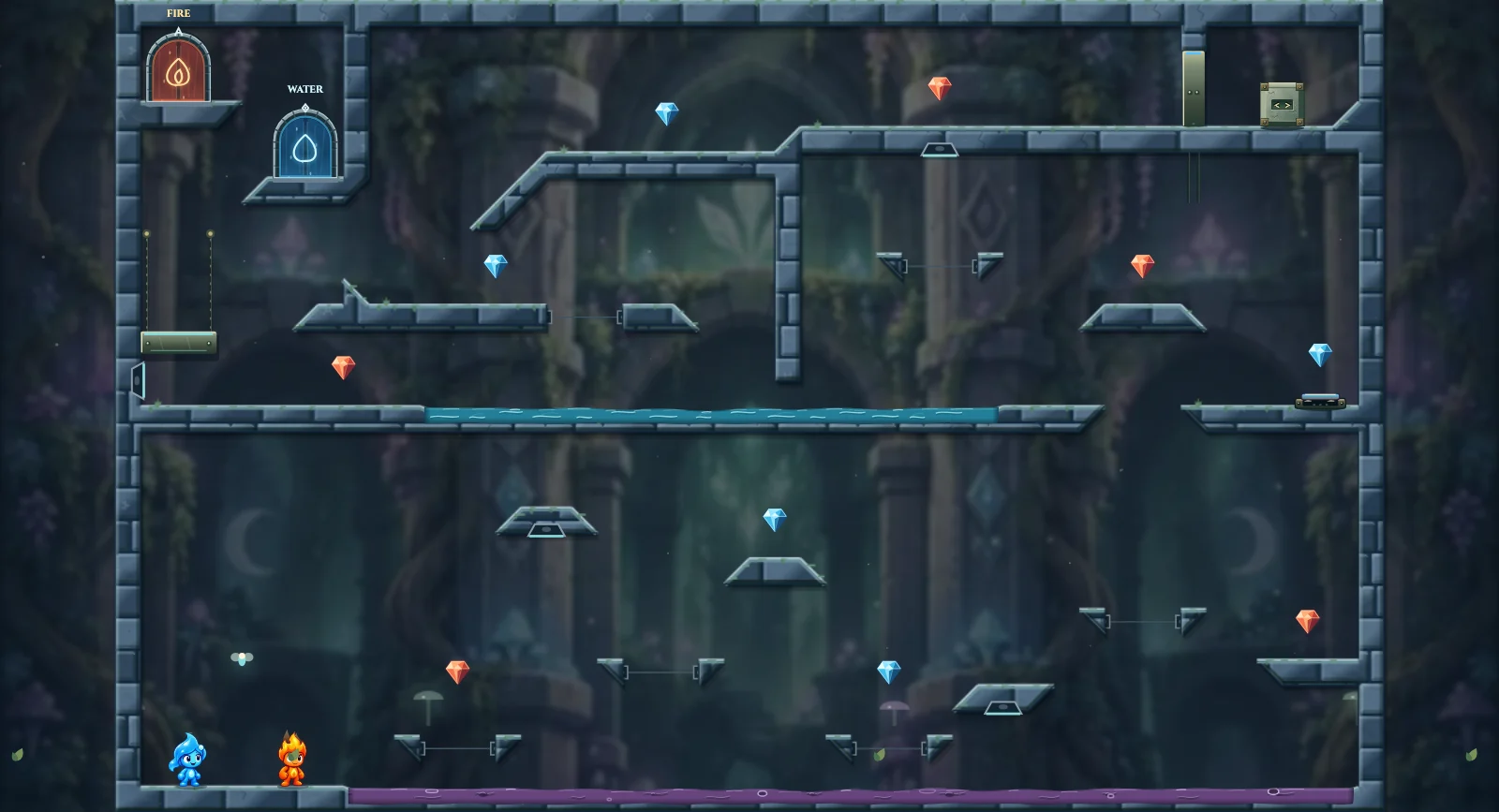 The Three Portal Pairs, fairy level 29: actual game view with Fireboy, Watergirl, diamonds, elemental pools, matching exits, and this level’s mechanisms.