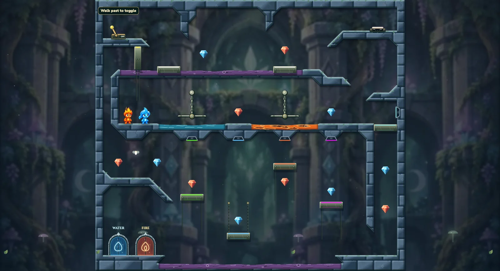 The Hanging Lamp Circuit, fairy level 30: actual game view with Fireboy, Watergirl, diamonds, elemental pools, matching exits, and this level’s mechanisms.
