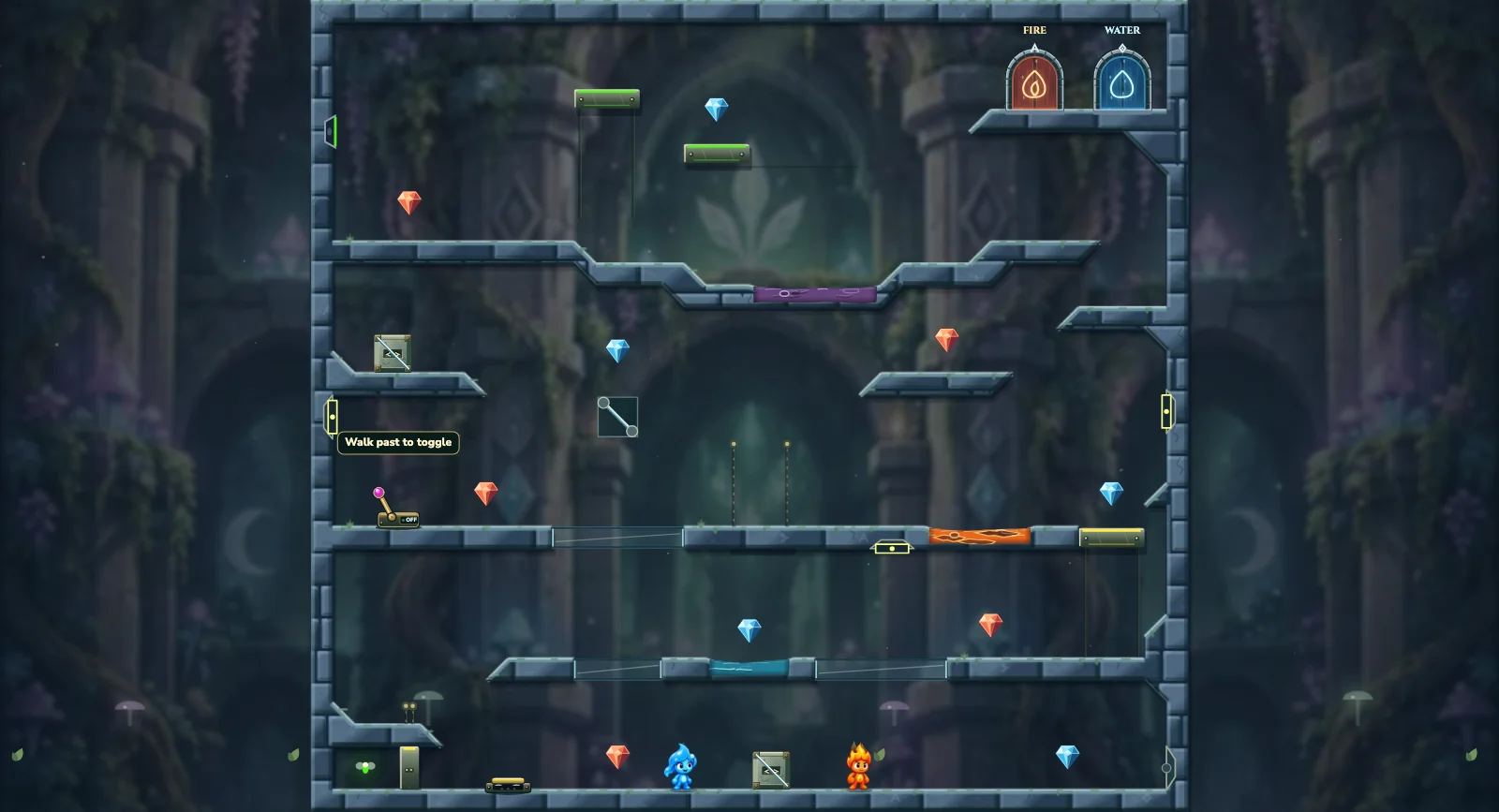 The Final Fairy Reflections, fairy level 31: actual game view with Fireboy, Watergirl, diamonds, elemental pools, matching exits, and this level’s mechanisms.