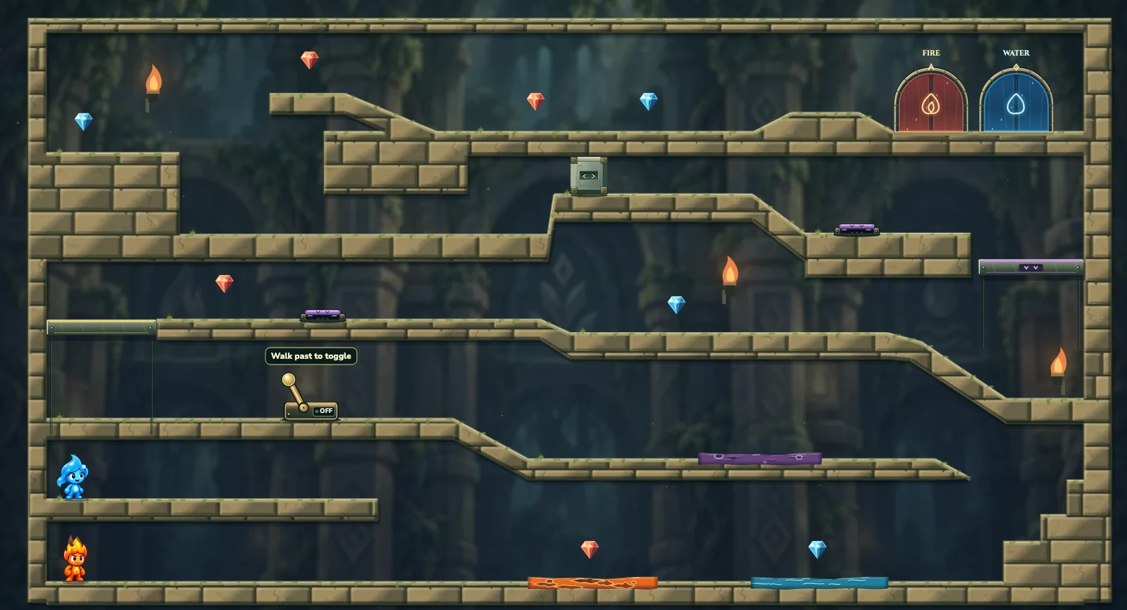 First Steps Together, forest level 1: actual game view with Fireboy, Watergirl, diamonds, elemental pools, matching exits, and this level’s mechanisms.