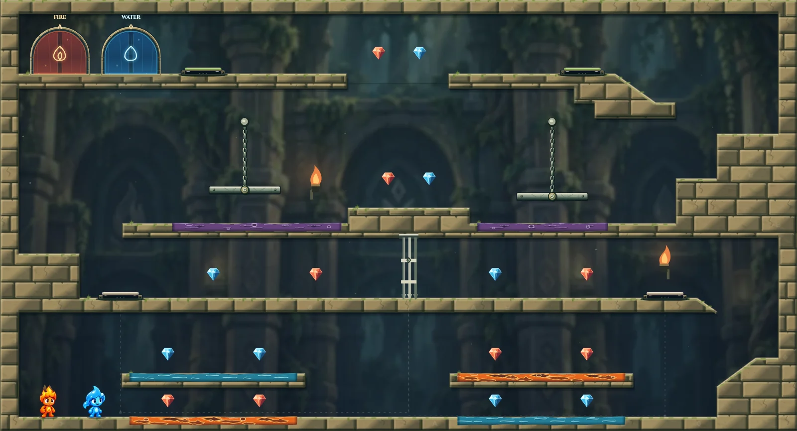 Suspended Bridges, forest level 2: actual game view with Fireboy, Watergirl, diamonds, elemental pools, matching exits, and this level’s mechanisms.