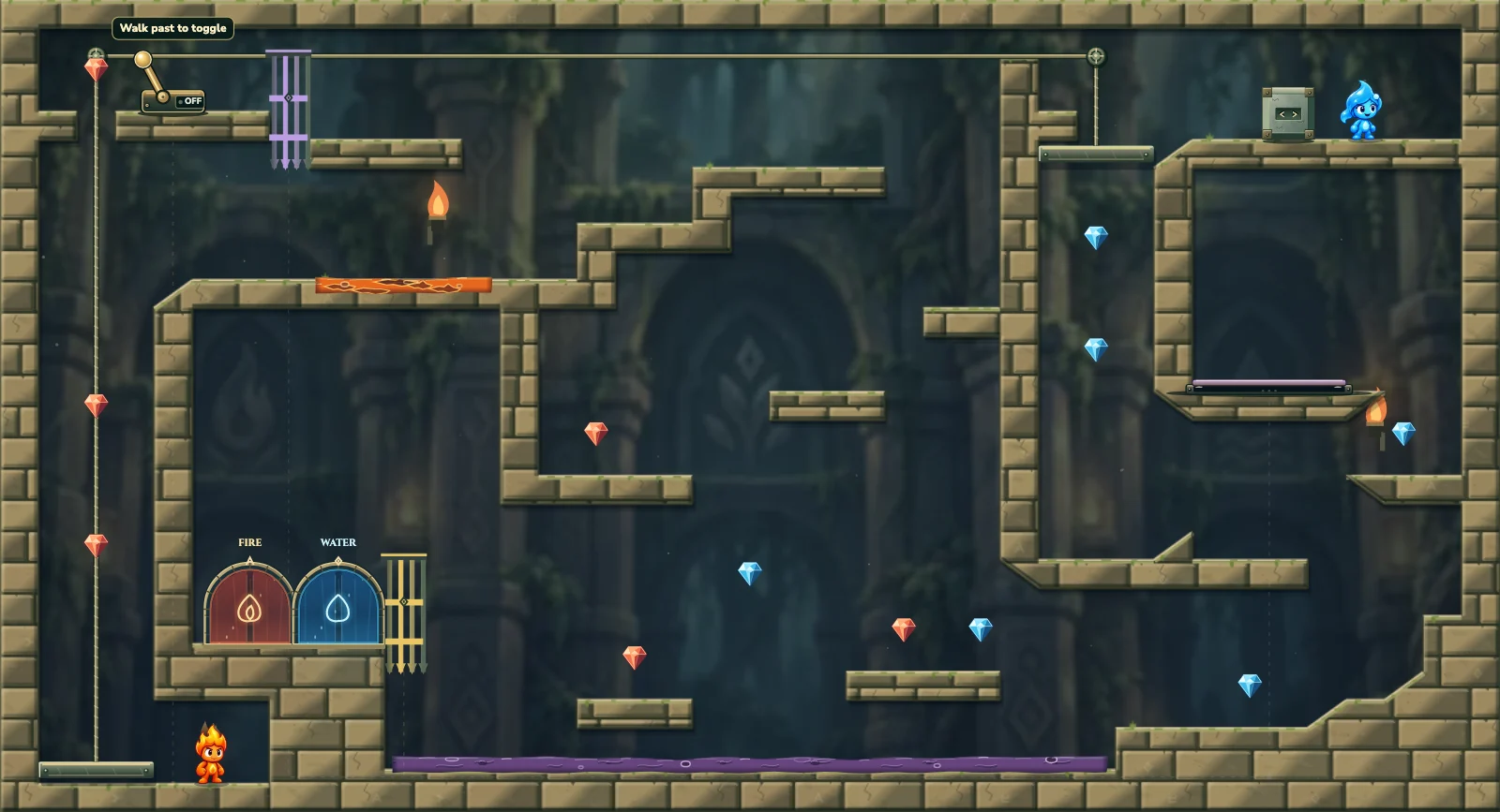 The Counterweight Chamber, forest level 4: actual game view with Fireboy, Watergirl, diamonds, elemental pools, matching exits, and this level’s mechanisms.