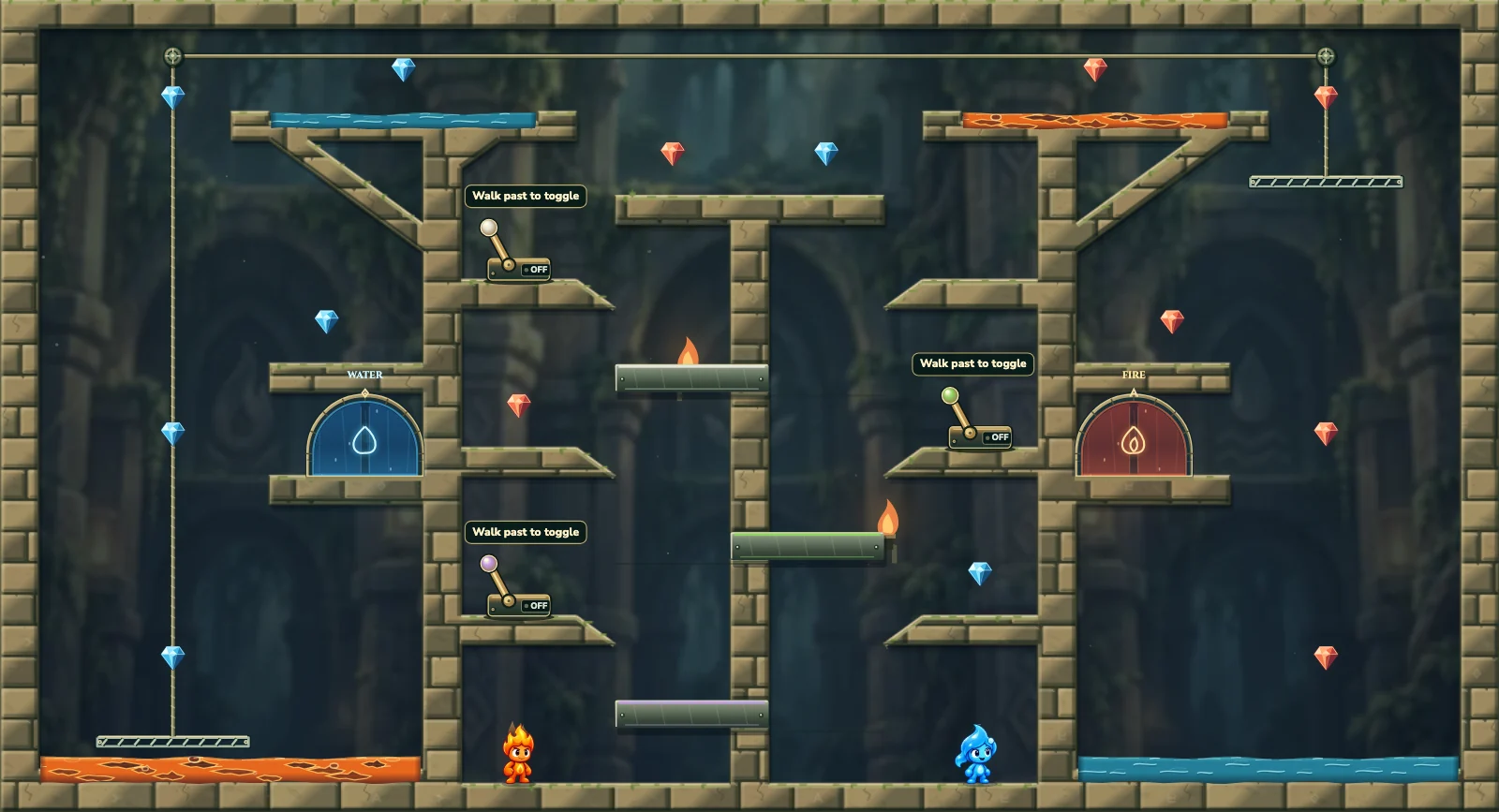 The Crossing Shelves, forest level 5: actual game view with Fireboy, Watergirl, diamonds, elemental pools, matching exits, and this level’s mechanisms.