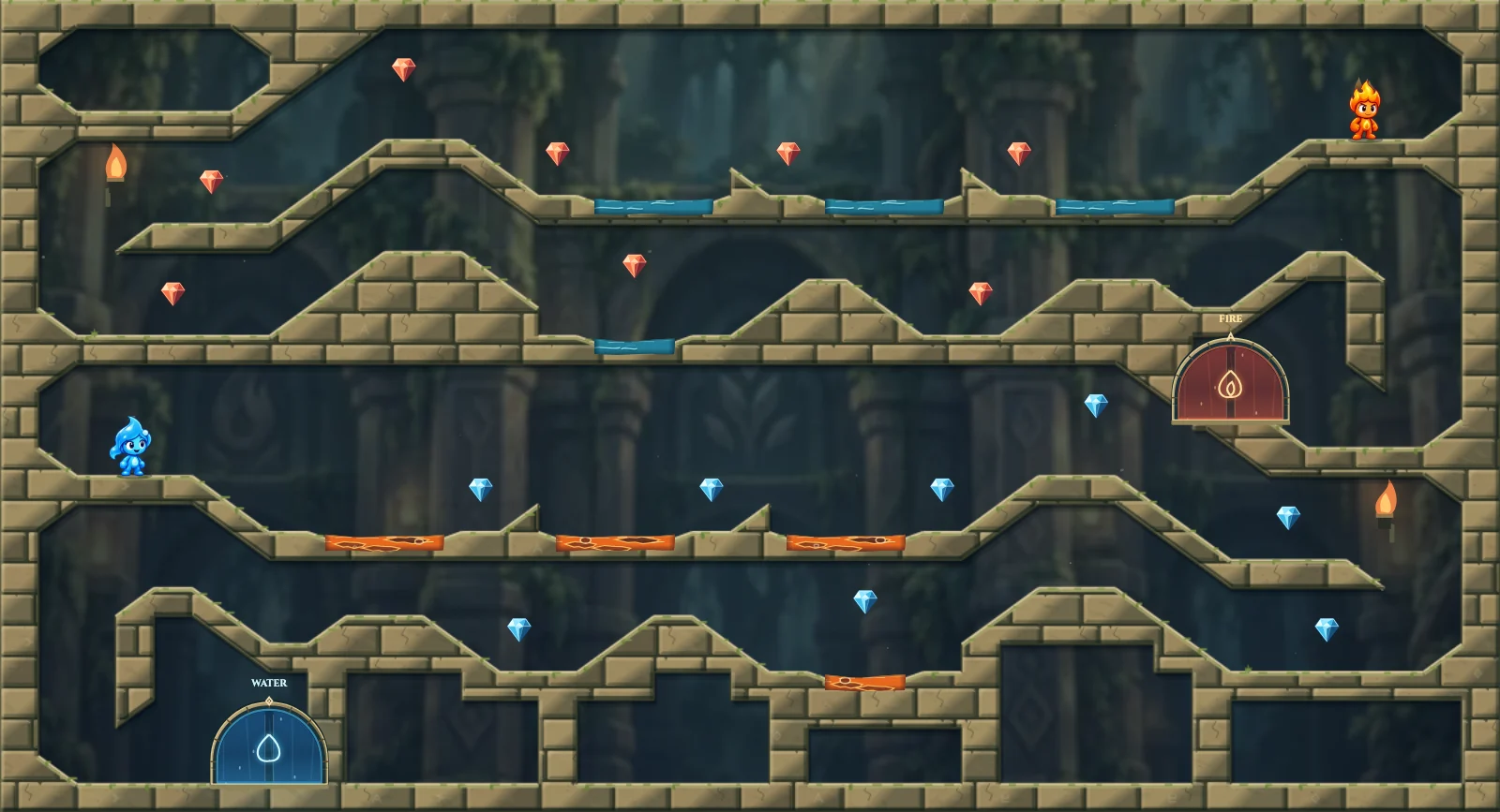The Twin Races, forest level 6: actual game view with Fireboy, Watergirl, diamonds, elemental pools, matching exits, and this level’s mechanisms.
