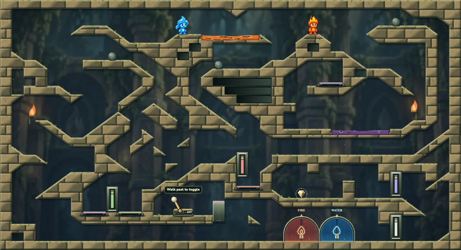 The Rolling Stone Puzzle, forest level 7: actual game view with Fireboy, Watergirl, diamonds, elemental pools, matching exits, and this level’s mechanisms.
