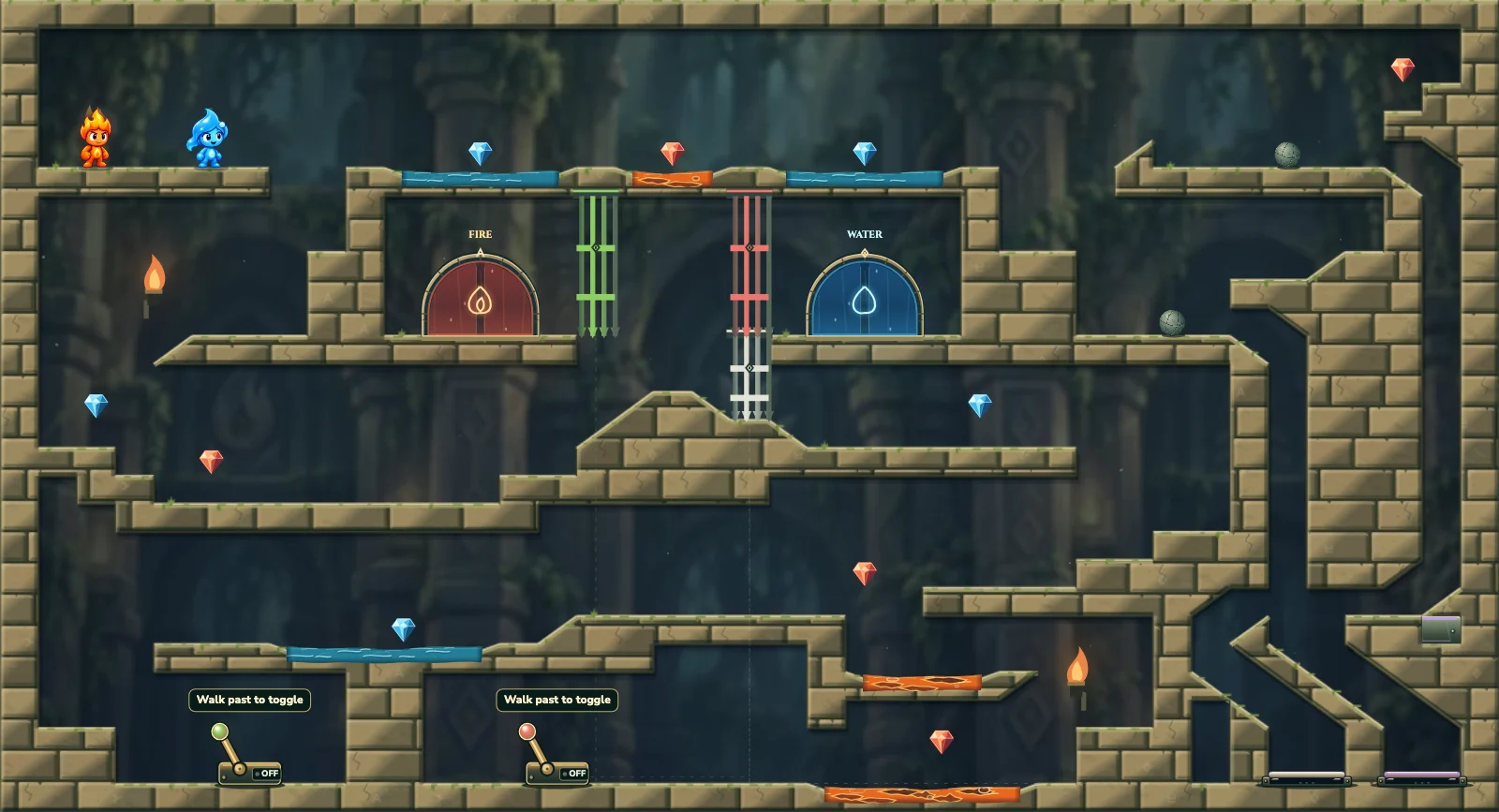 The Rolling Weights, forest level 8: actual game view with Fireboy, Watergirl, diamonds, elemental pools, matching exits, and this level’s mechanisms.