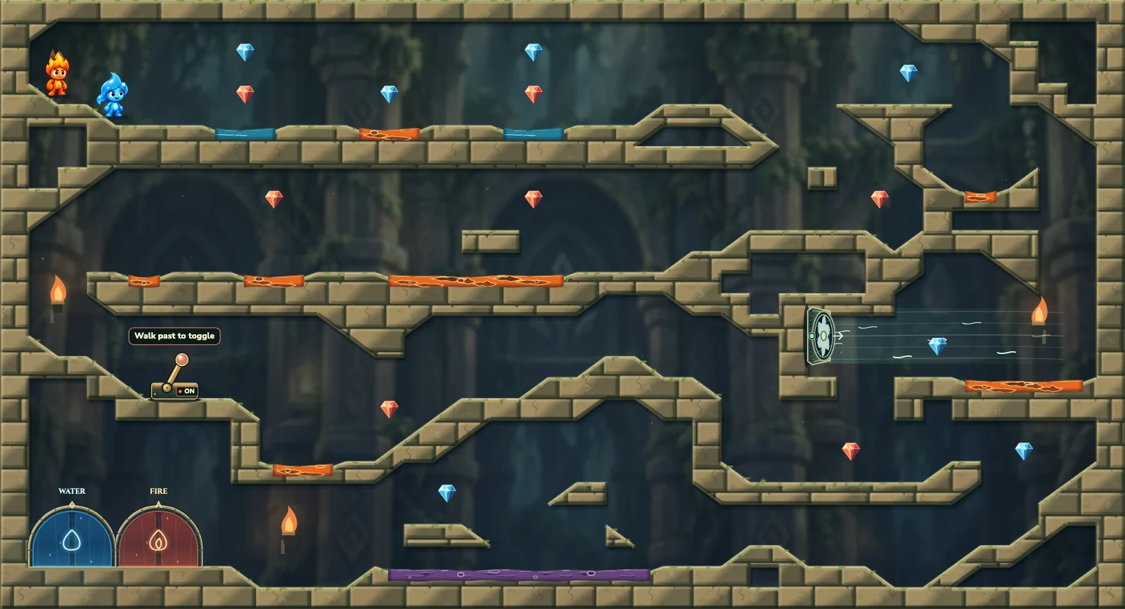 The Crosswind Descent, forest level 9: actual game view with Fireboy, Watergirl, diamonds, elemental pools, matching exits, and this level’s mechanisms.