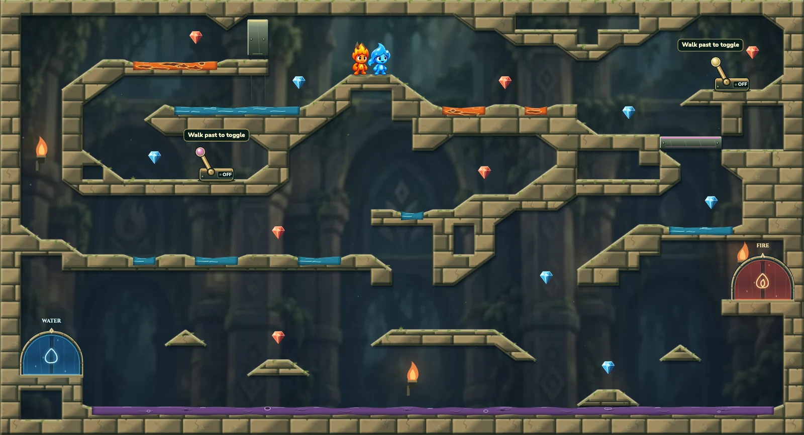 The Twin Lever Descent, forest level 10: actual game view with Fireboy, Watergirl, diamonds, elemental pools, matching exits, and this level’s mechanisms.