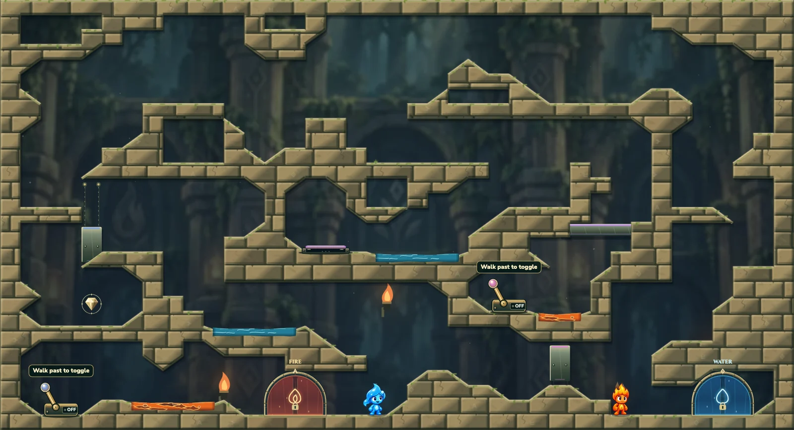 The Hidden Diamond, forest level 11: actual game view with Fireboy, Watergirl, diamonds, elemental pools, matching exits, and this level’s mechanisms.