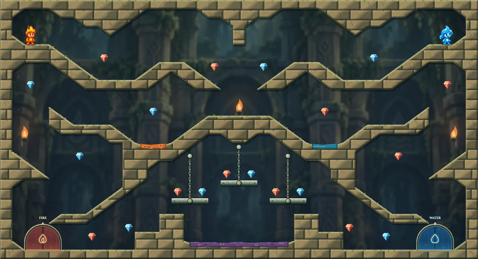 The Hanging Descent, forest level 12: actual game view with Fireboy, Watergirl, diamonds, elemental pools, matching exits, and this level’s mechanisms.