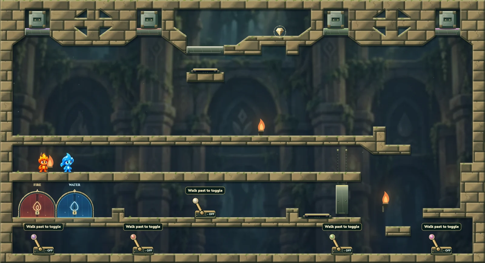 The Falling Stone Stair, forest level 13: actual game view with Fireboy, Watergirl, diamonds, elemental pools, matching exits, and this level’s mechanisms.