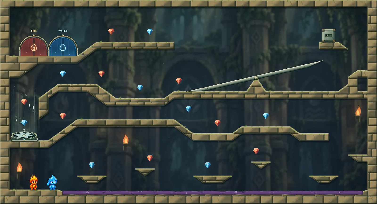 The Counterweight Crossing, forest level 14: actual game view with Fireboy, Watergirl, diamonds, elemental pools, matching exits, and this level’s mechanisms.