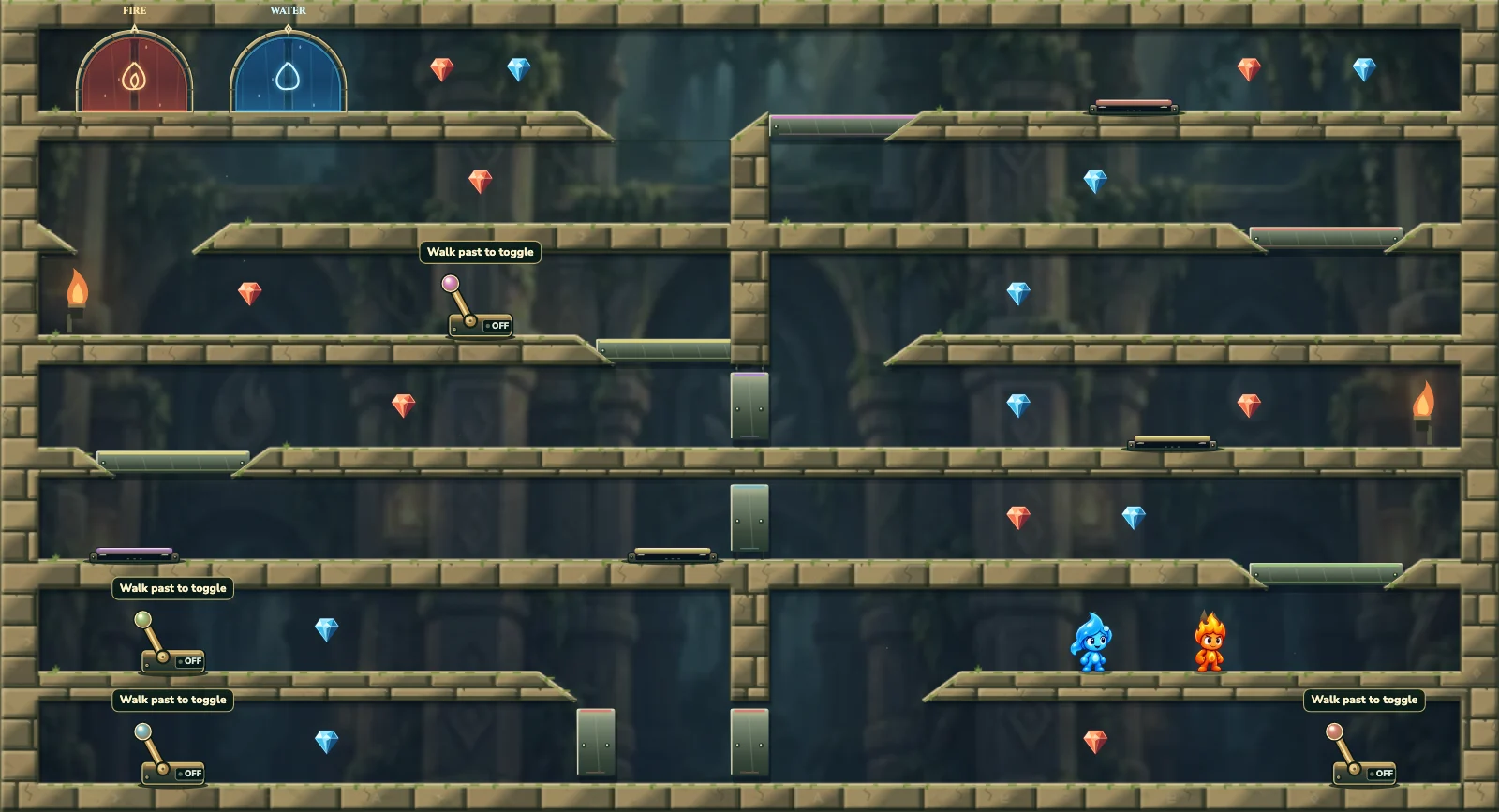 The Paired Passage, forest level 15: actual game view with Fireboy, Watergirl, diamonds, elemental pools, matching exits, and this level’s mechanisms.