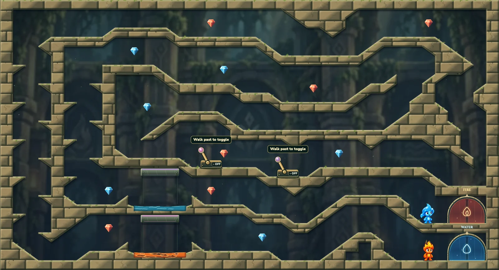 The Split Climb, forest level 16: actual game view with Fireboy, Watergirl, diamonds, elemental pools, matching exits, and this level’s mechanisms.
