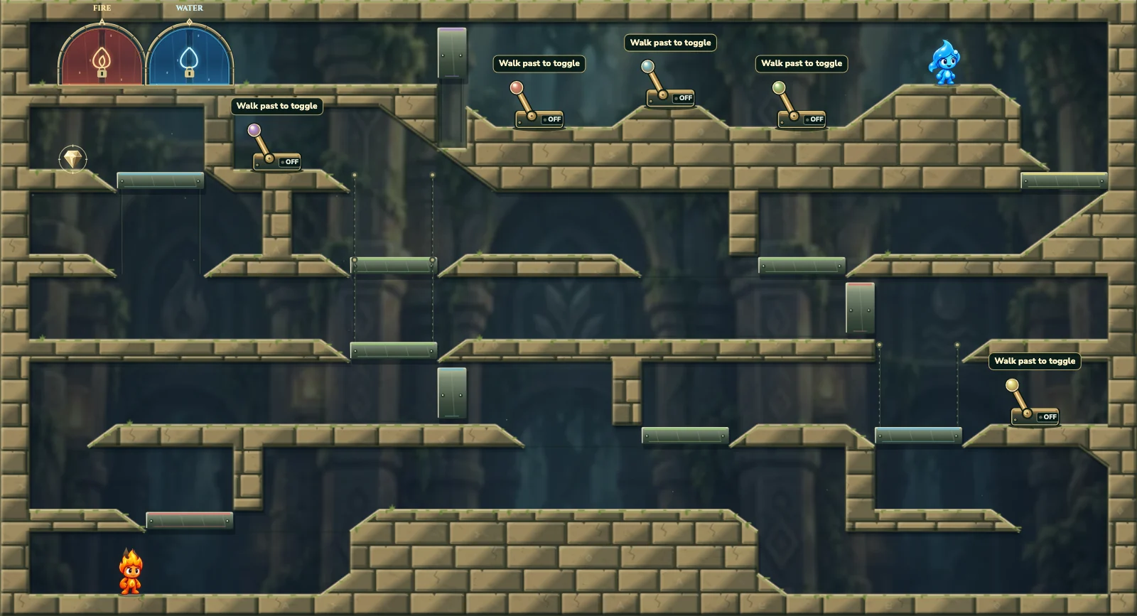 The Five-Lever Labyrinth, forest level 17: actual game view with Fireboy, Watergirl, diamonds, elemental pools, matching exits, and this level’s mechanisms.