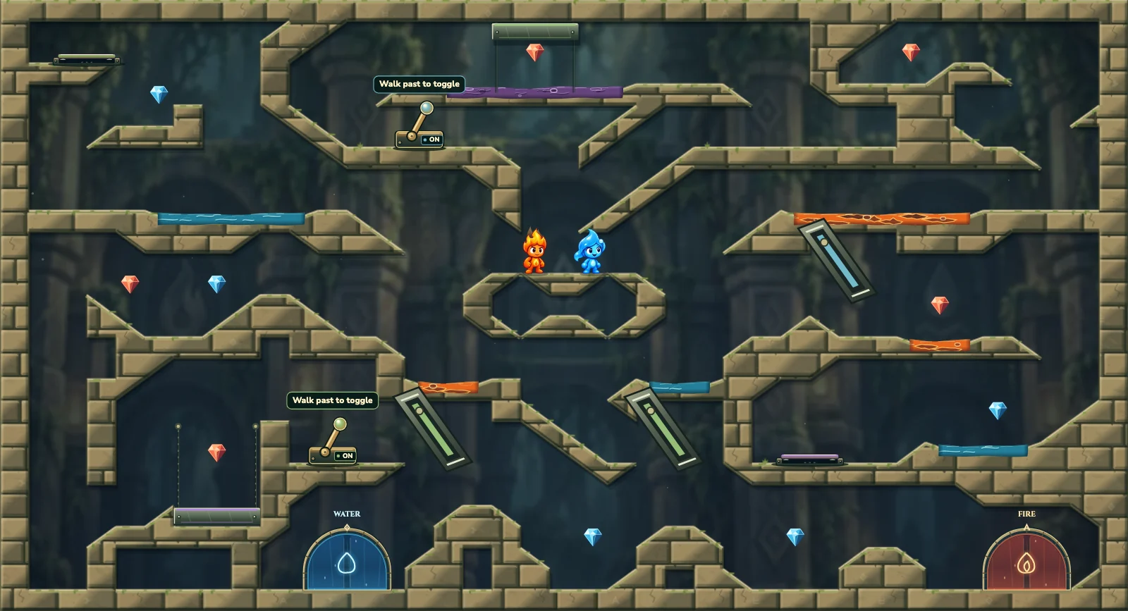 The Turning Bridges, forest level 18: actual game view with Fireboy, Watergirl, diamonds, elemental pools, matching exits, and this level’s mechanisms.