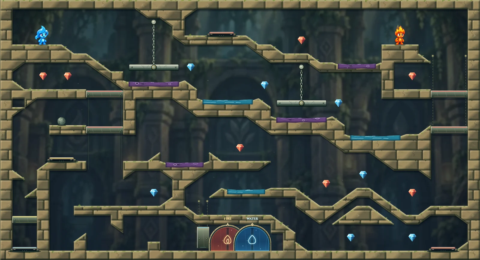 The Suspended Circuit, forest level 19: actual game view with Fireboy, Watergirl, diamonds, elemental pools, matching exits, and this level’s mechanisms.