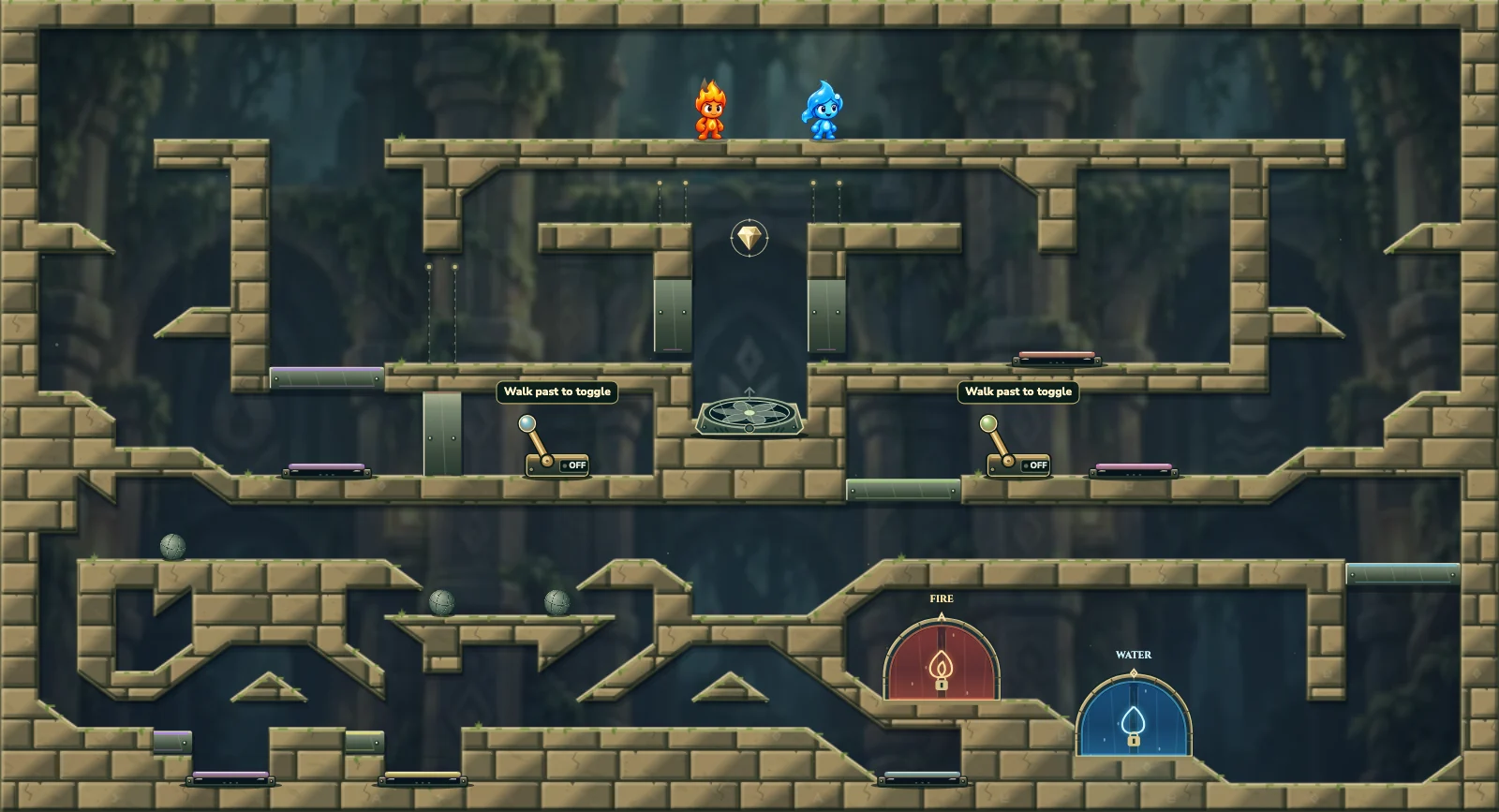 The Wind and Weight Puzzle, forest level 20: actual game view with Fireboy, Watergirl, diamonds, elemental pools, matching exits, and this level’s mechanisms.