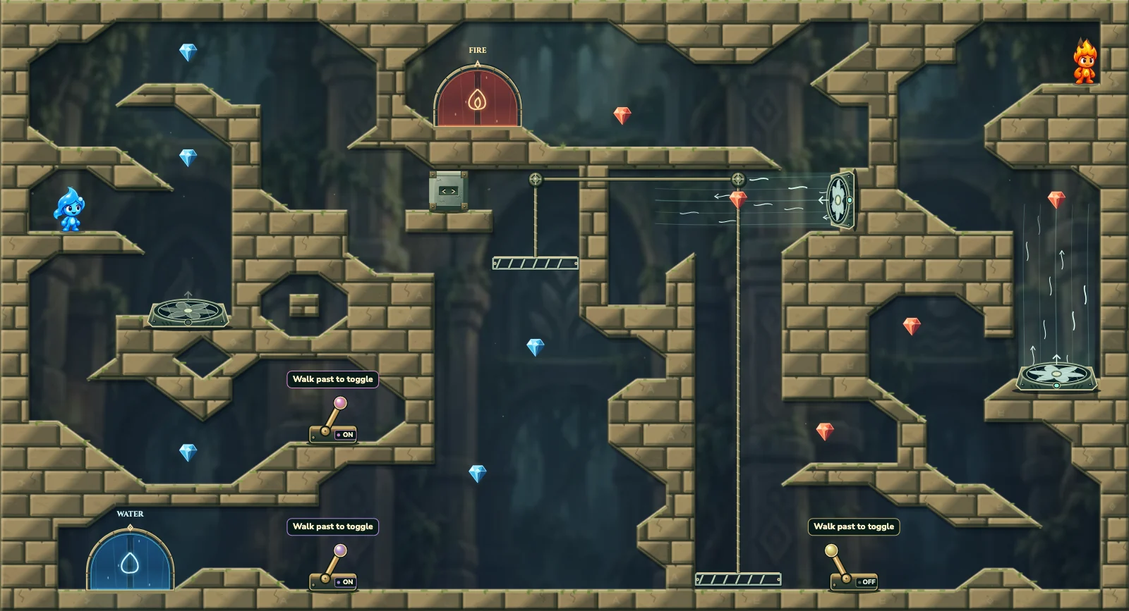 The Wind and Counterweight, forest level 21: actual game view with Fireboy, Watergirl, diamonds, elemental pools, matching exits, and this level’s mechanisms.