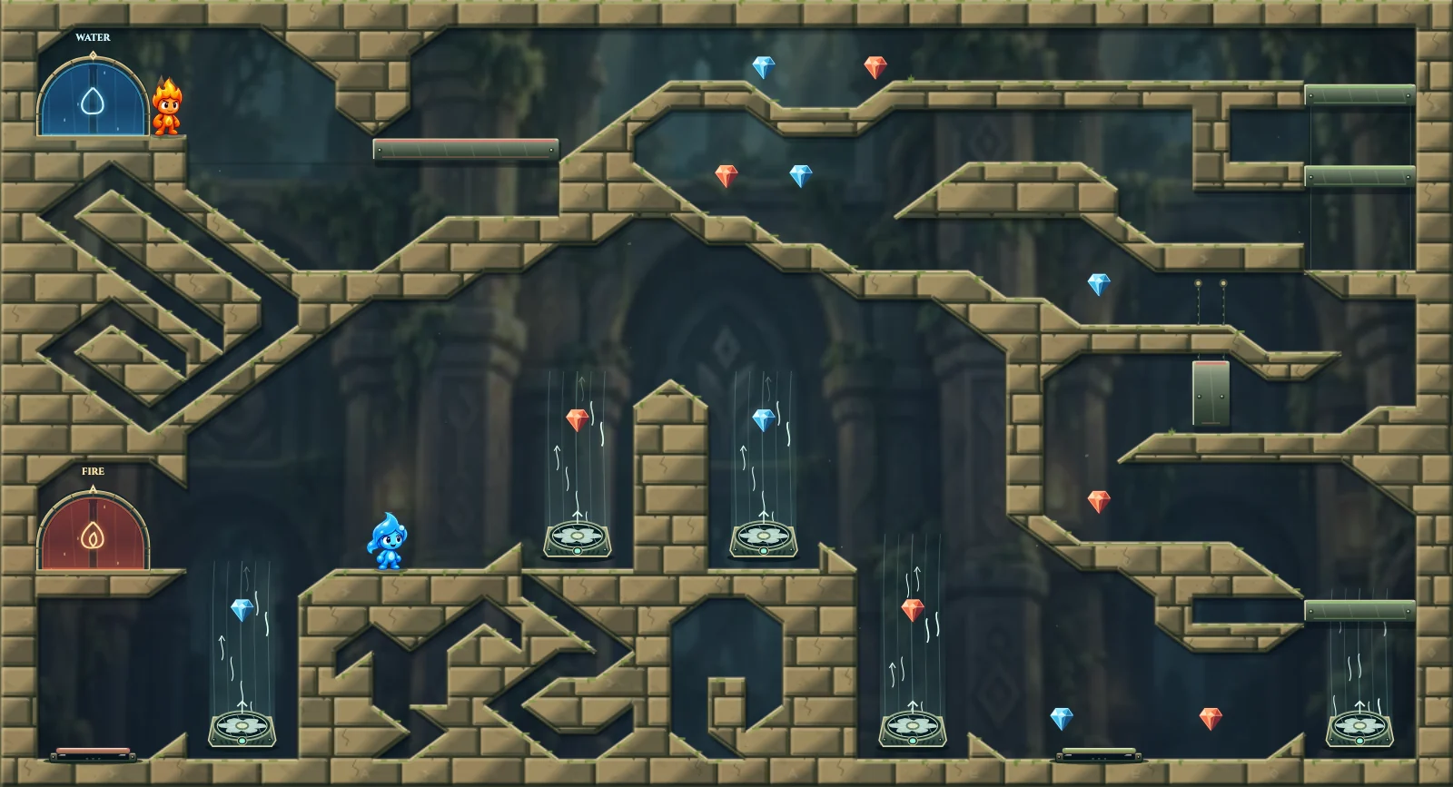 The Rising Airways, forest level 22: actual game view with Fireboy, Watergirl, diamonds, elemental pools, matching exits, and this level’s mechanisms.
