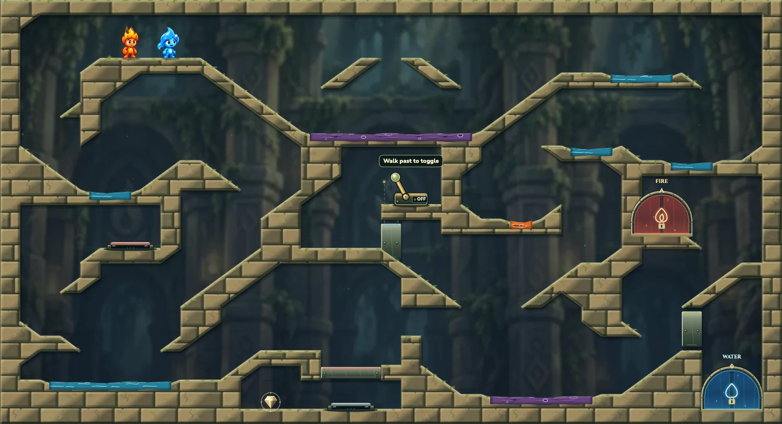 The Three Locked Passages, forest level 23: actual game view with Fireboy, Watergirl, diamonds, elemental pools, matching exits, and this level’s mechanisms.