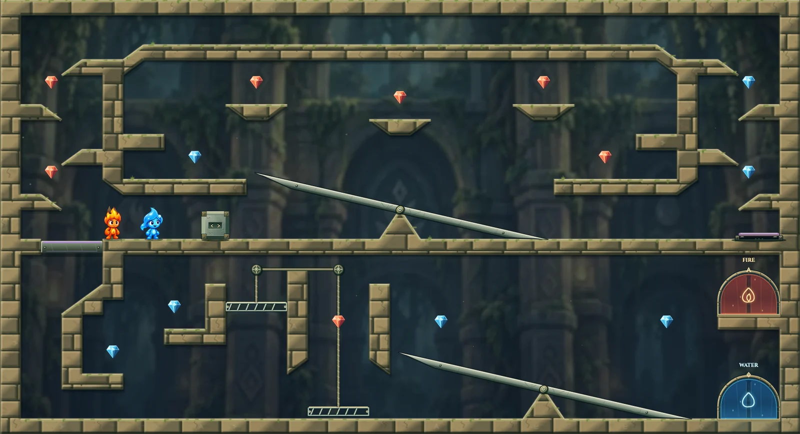 The Twin Balances, forest level 24: actual game view with Fireboy, Watergirl, diamonds, elemental pools, matching exits, and this level’s mechanisms.