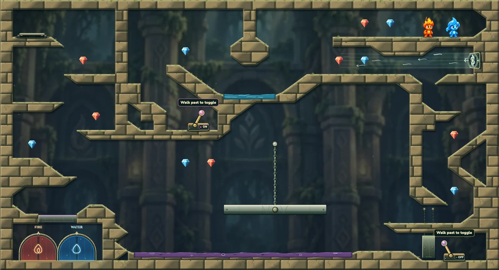 The Hanging Air Bridge, forest level 25: actual game view with Fireboy, Watergirl, diamonds, elemental pools, matching exits, and this level’s mechanisms.