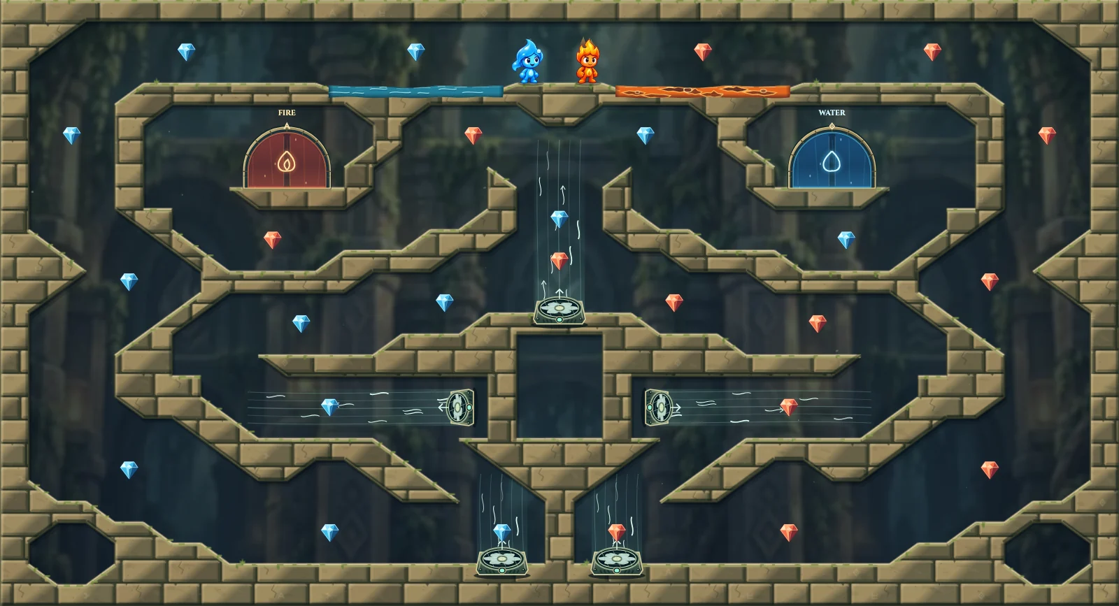 The Five Winds, forest level 26: actual game view with Fireboy, Watergirl, diamonds, elemental pools, matching exits, and this level’s mechanisms.