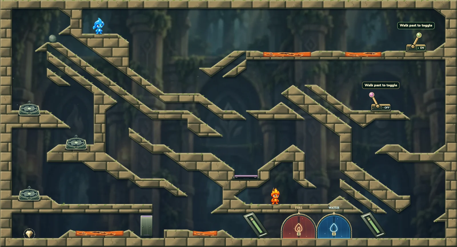 The Wind Relay, forest level 27: actual game view with Fireboy, Watergirl, diamonds, elemental pools, matching exits, and this level’s mechanisms.