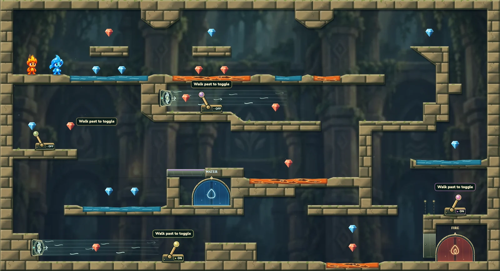 The Crosswind Shelves, forest level 28: actual game view with Fireboy, Watergirl, diamonds, elemental pools, matching exits, and this level’s mechanisms.