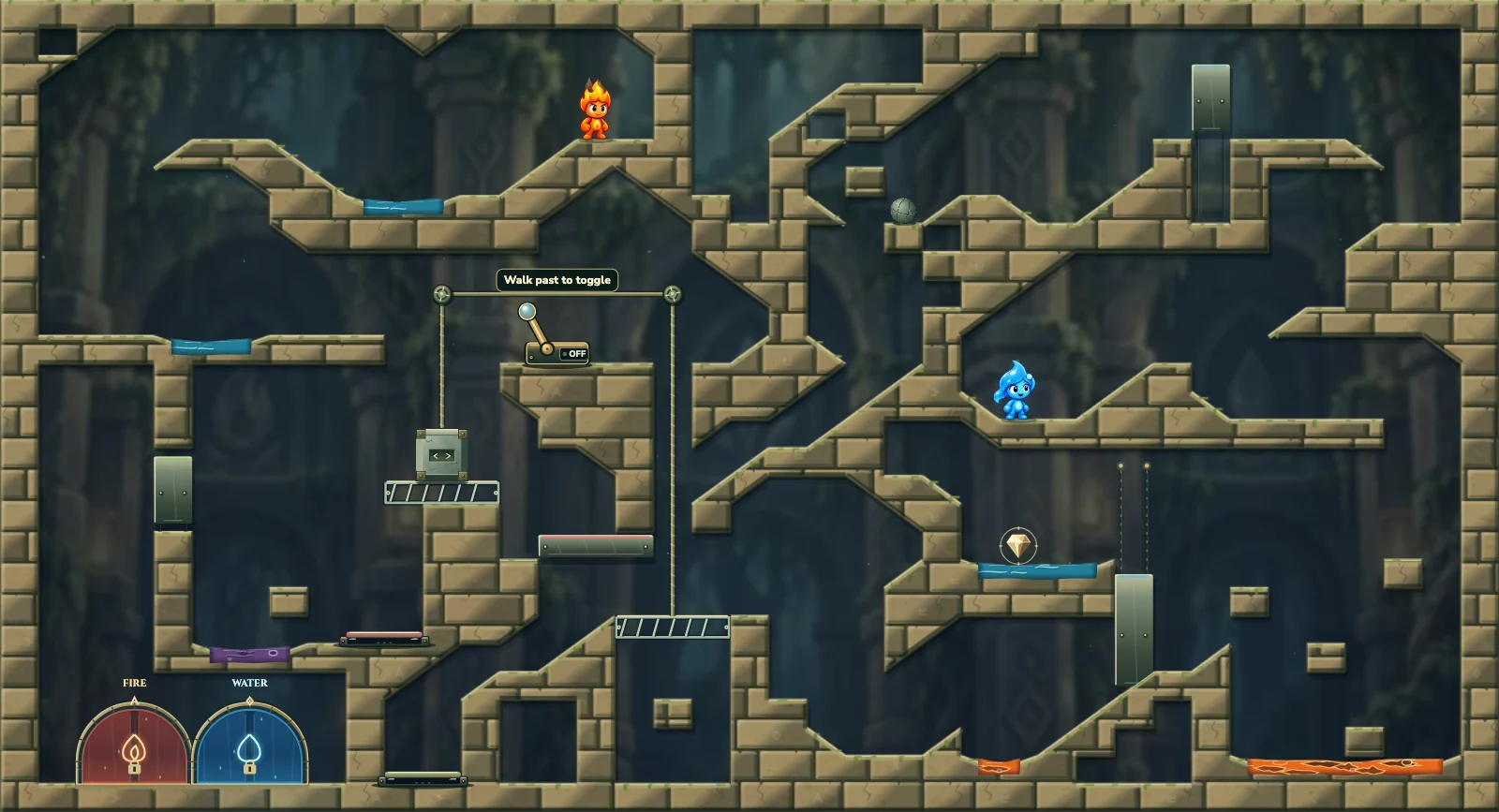 The Weight Relay, forest level 29: actual game view with Fireboy, Watergirl, diamonds, elemental pools, matching exits, and this level’s mechanisms.