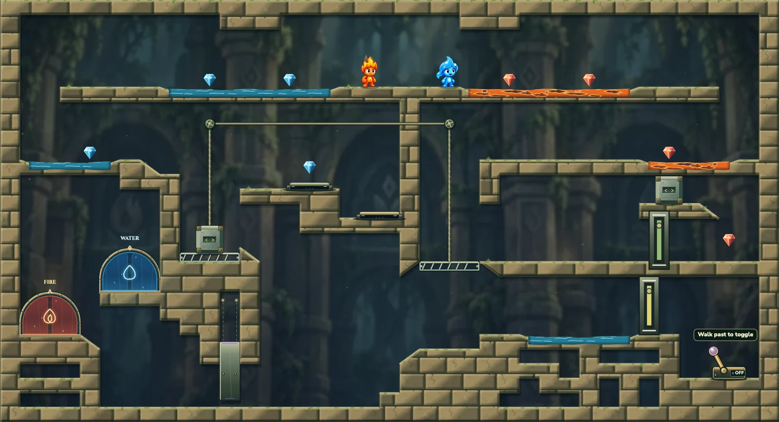 The Weighted Return, forest level 30: actual game view with Fireboy, Watergirl, diamonds, elemental pools, matching exits, and this level’s mechanisms.