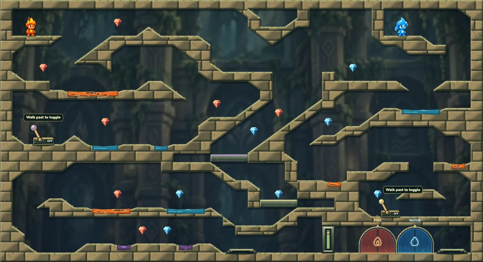 The Paired Bridge, forest level 31: actual game view with Fireboy, Watergirl, diamonds, elemental pools, matching exits, and this level’s mechanisms.