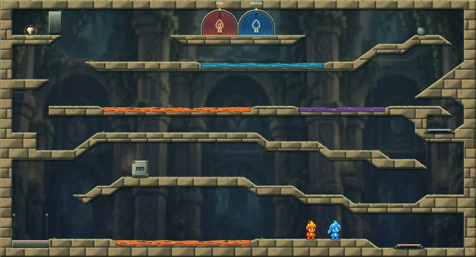 The Weight and Platform Puzzle, forest level 32: actual game view with Fireboy, Watergirl, diamonds, elemental pools, matching exits, and this level’s mechanisms.