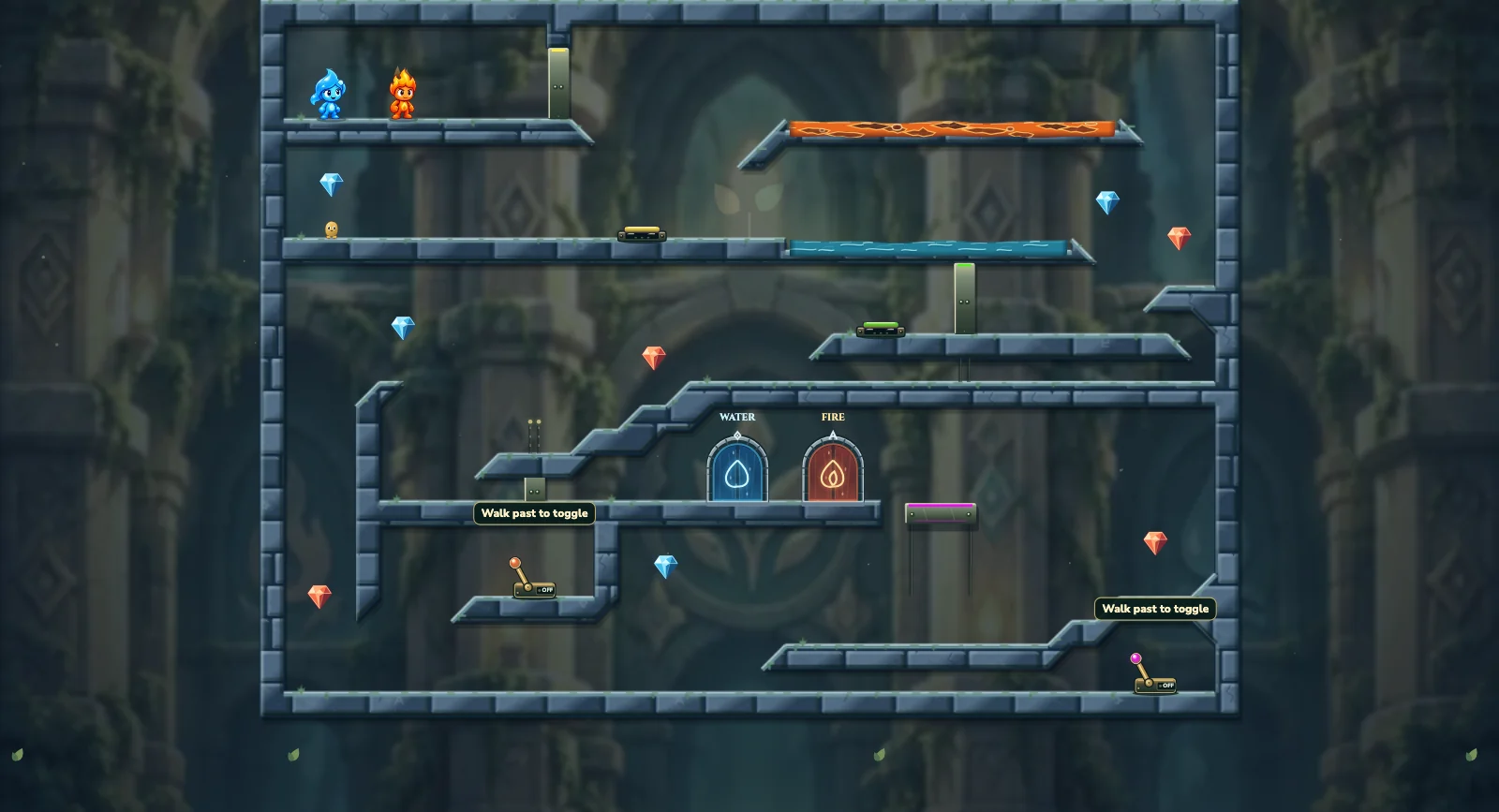 The Small Passage, friends level 1: actual game view with Fireboy, Watergirl, diamonds, elemental pools, matching exits, and this level’s mechanisms.