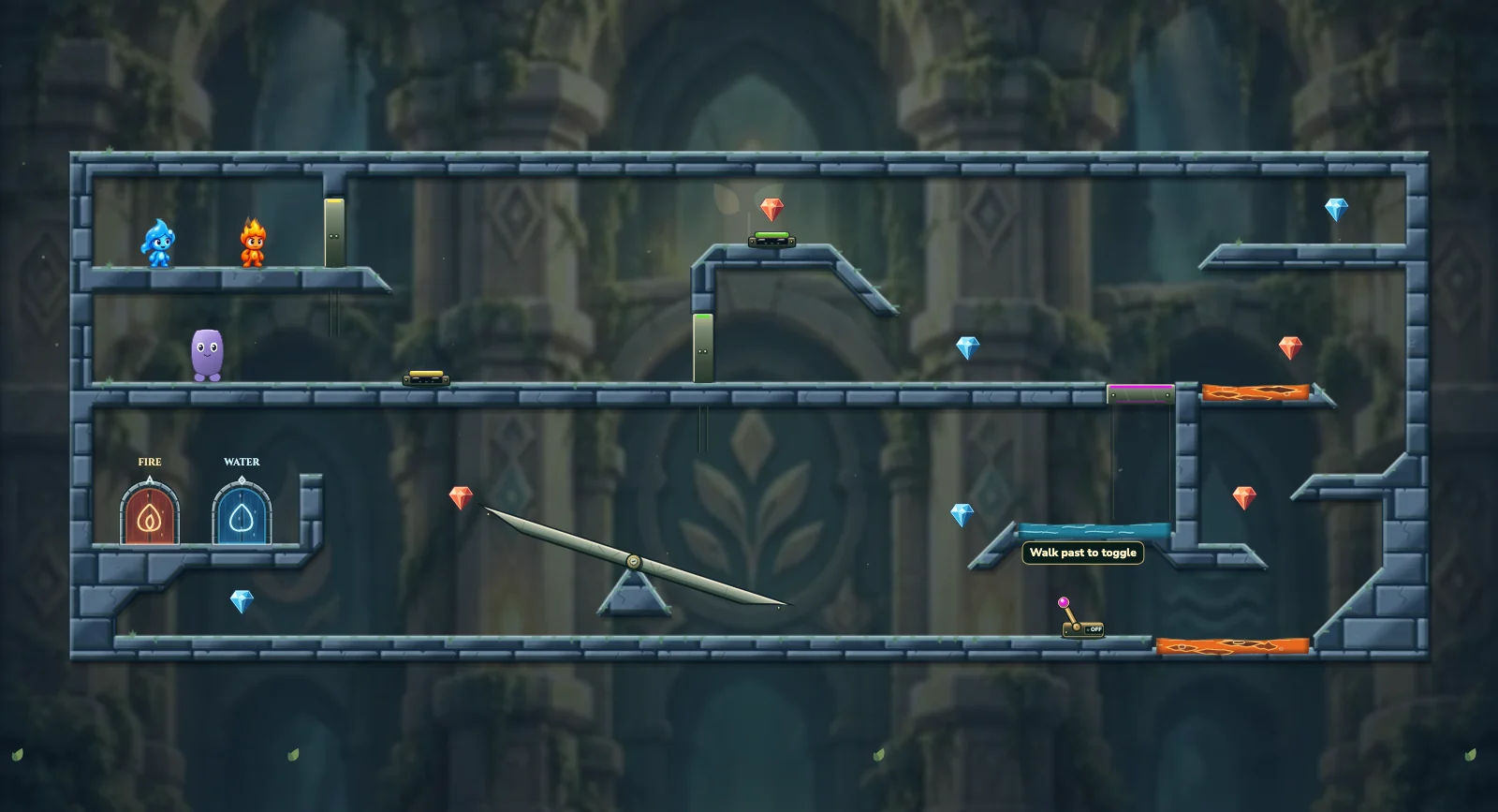 A Heavy Helping Hand, friends level 2: actual game view with Fireboy, Watergirl, diamonds, elemental pools, matching exits, and this level’s mechanisms.