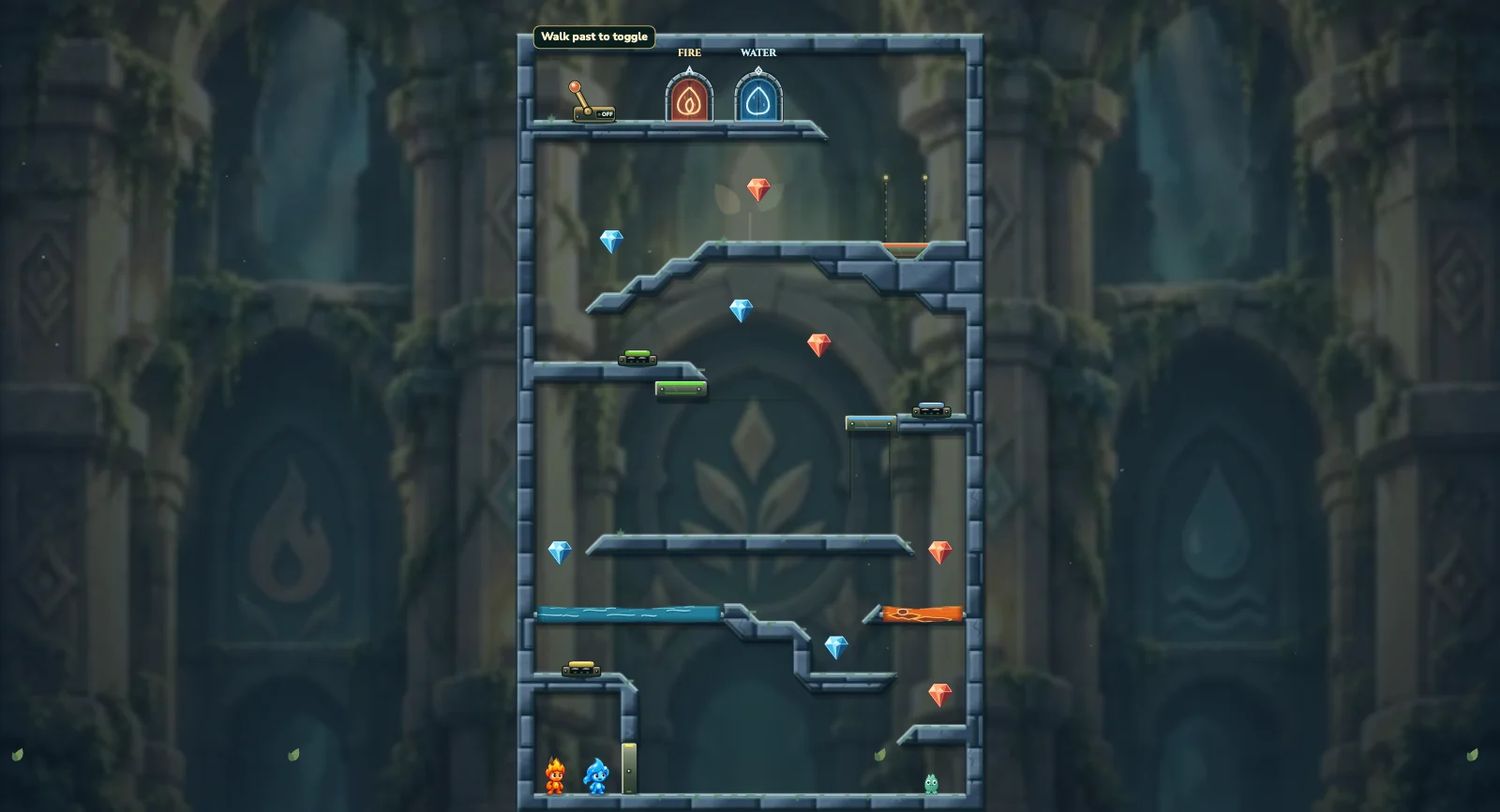 The High Jumper, friends level 3: actual game view with Fireboy, Watergirl, diamonds, elemental pools, matching exits, and this level’s mechanisms.