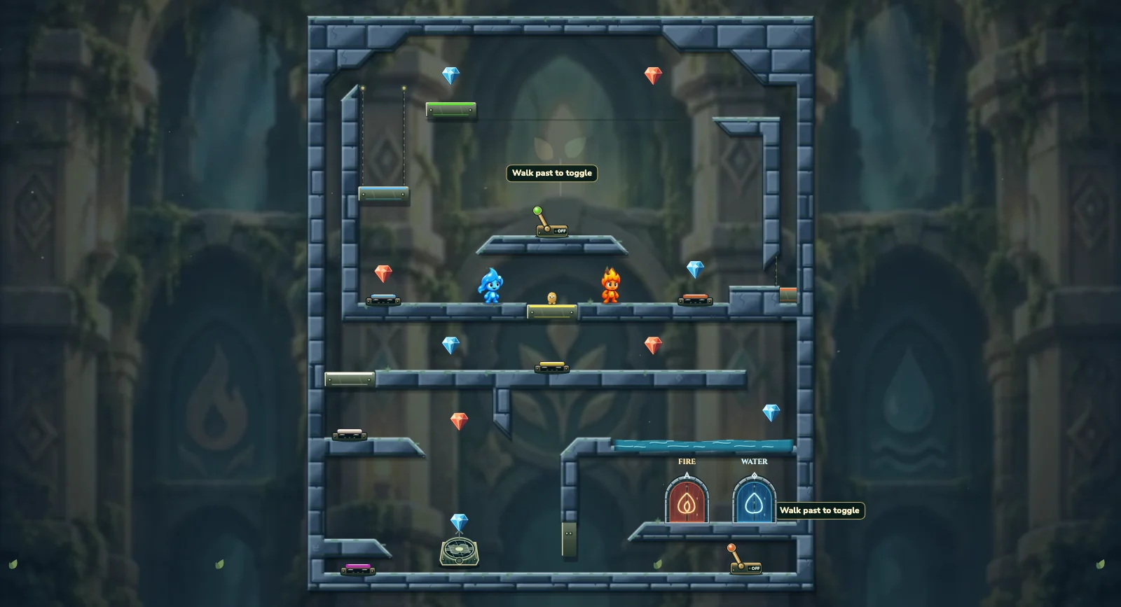 The Small Switchback, friends level 4: actual game view with Fireboy, Watergirl, diamonds, elemental pools, matching exits, and this level’s mechanisms.