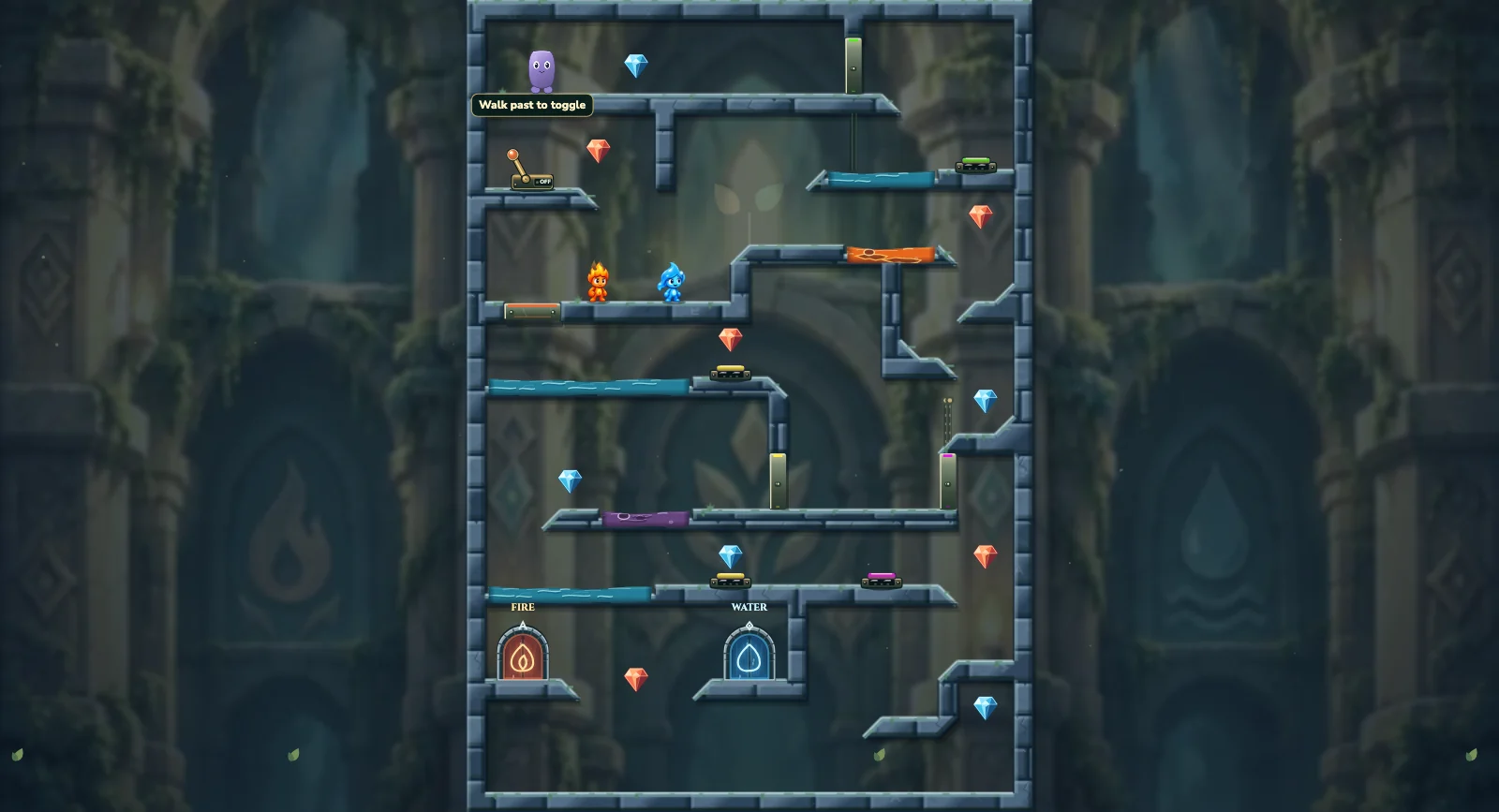 The Weight and the Gate, friends level 5: actual game view with Fireboy, Watergirl, diamonds, elemental pools, matching exits, and this level’s mechanisms.