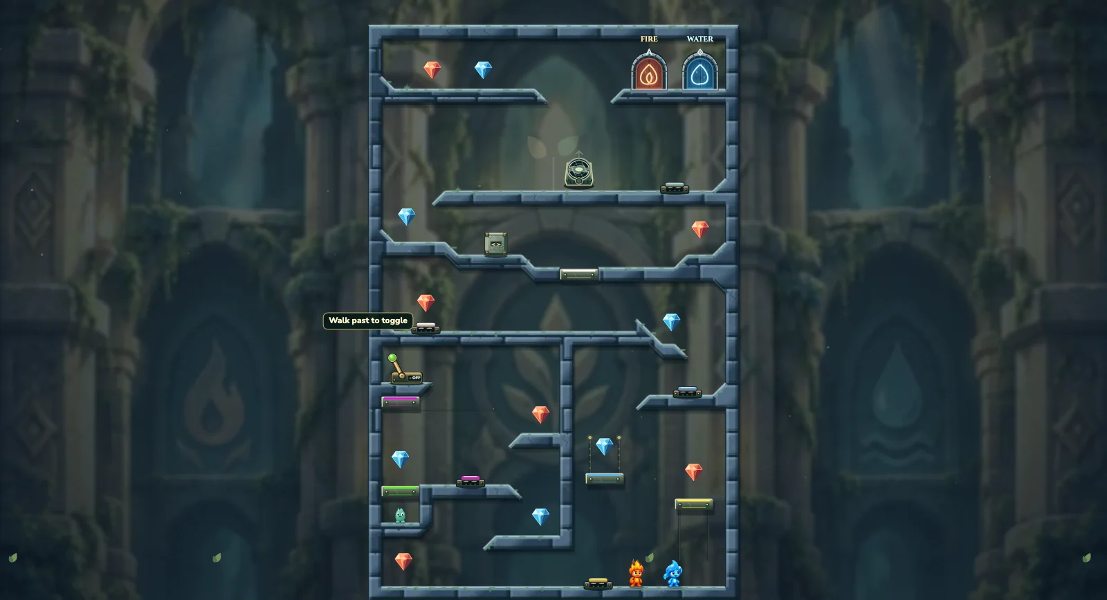 The High Wind Stair, friends level 6: actual game view with Fireboy, Watergirl, diamonds, elemental pools, matching exits, and this level’s mechanisms.