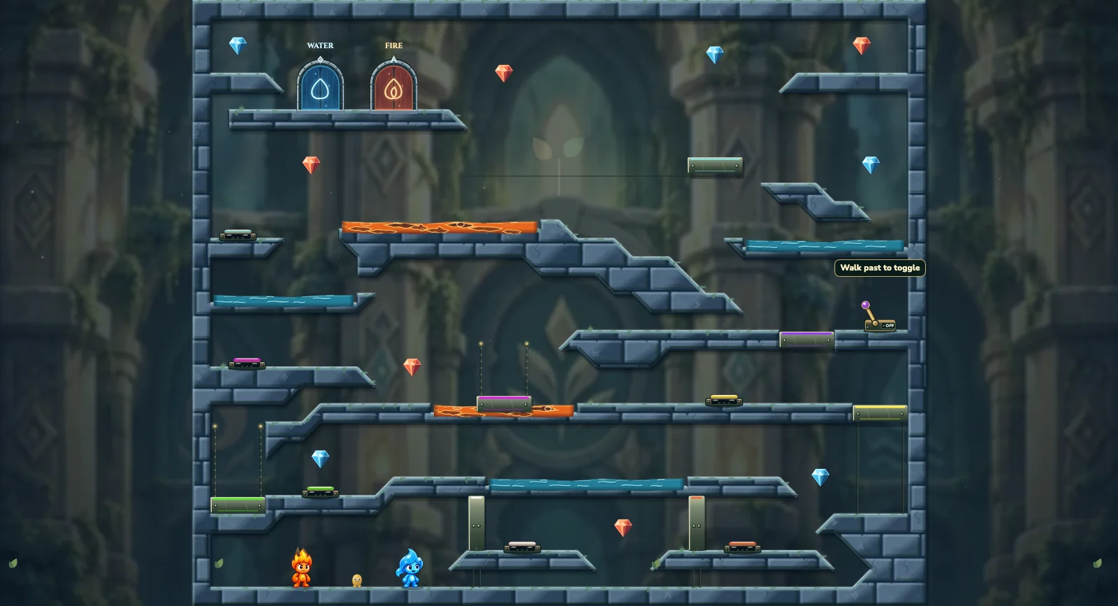 The Narrow Circuit, friends level 7: actual game view with Fireboy, Watergirl, diamonds, elemental pools, matching exits, and this level’s mechanisms.