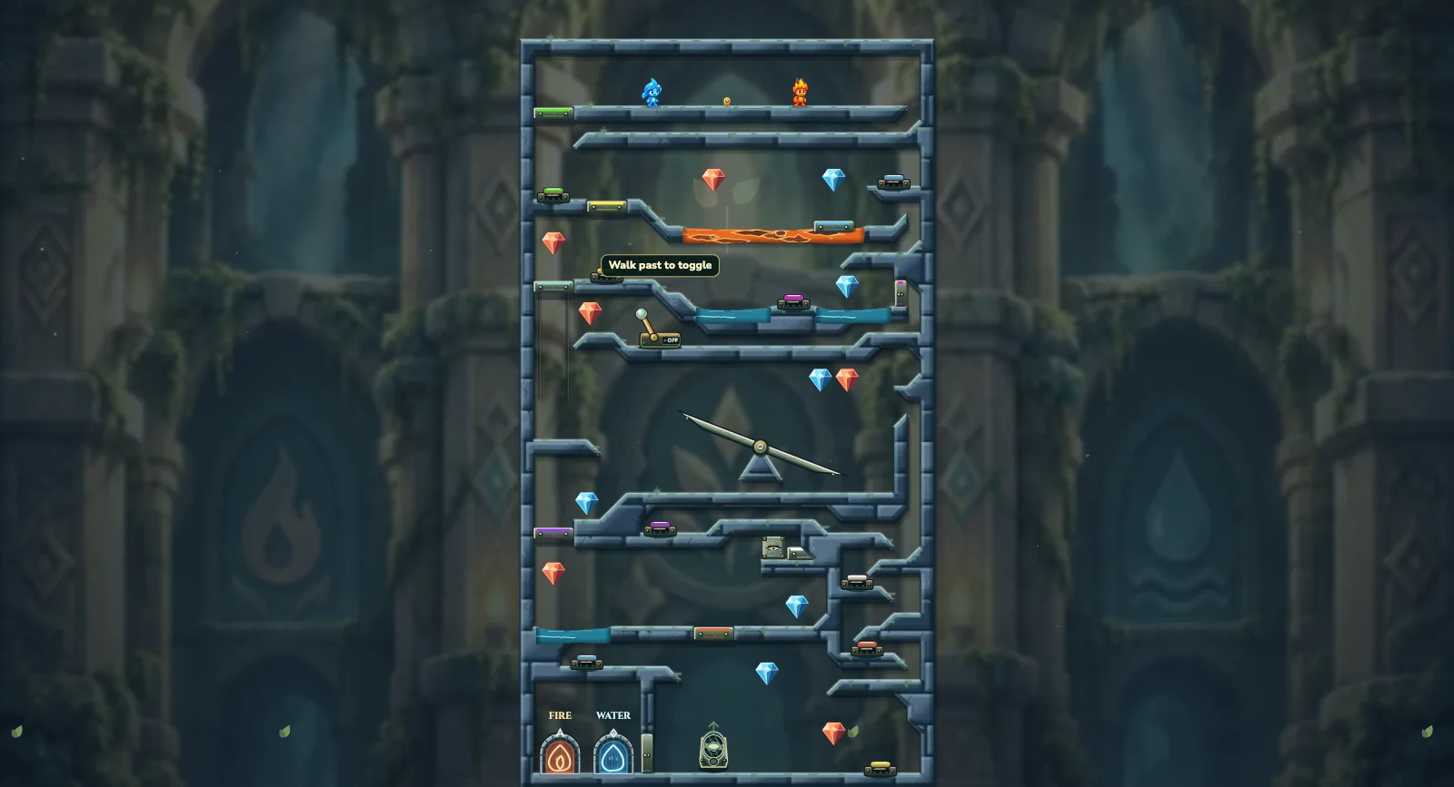 The Balancing Tunnel, friends level 8: actual game view with Fireboy, Watergirl, diamonds, elemental pools, matching exits, and this level’s mechanisms.