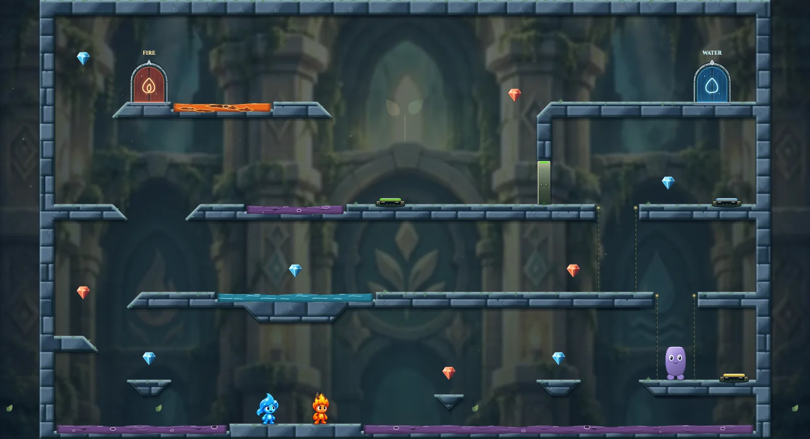 The Heavy Climb, friends level 9: actual game view with Fireboy, Watergirl, diamonds, elemental pools, matching exits, and this level’s mechanisms.