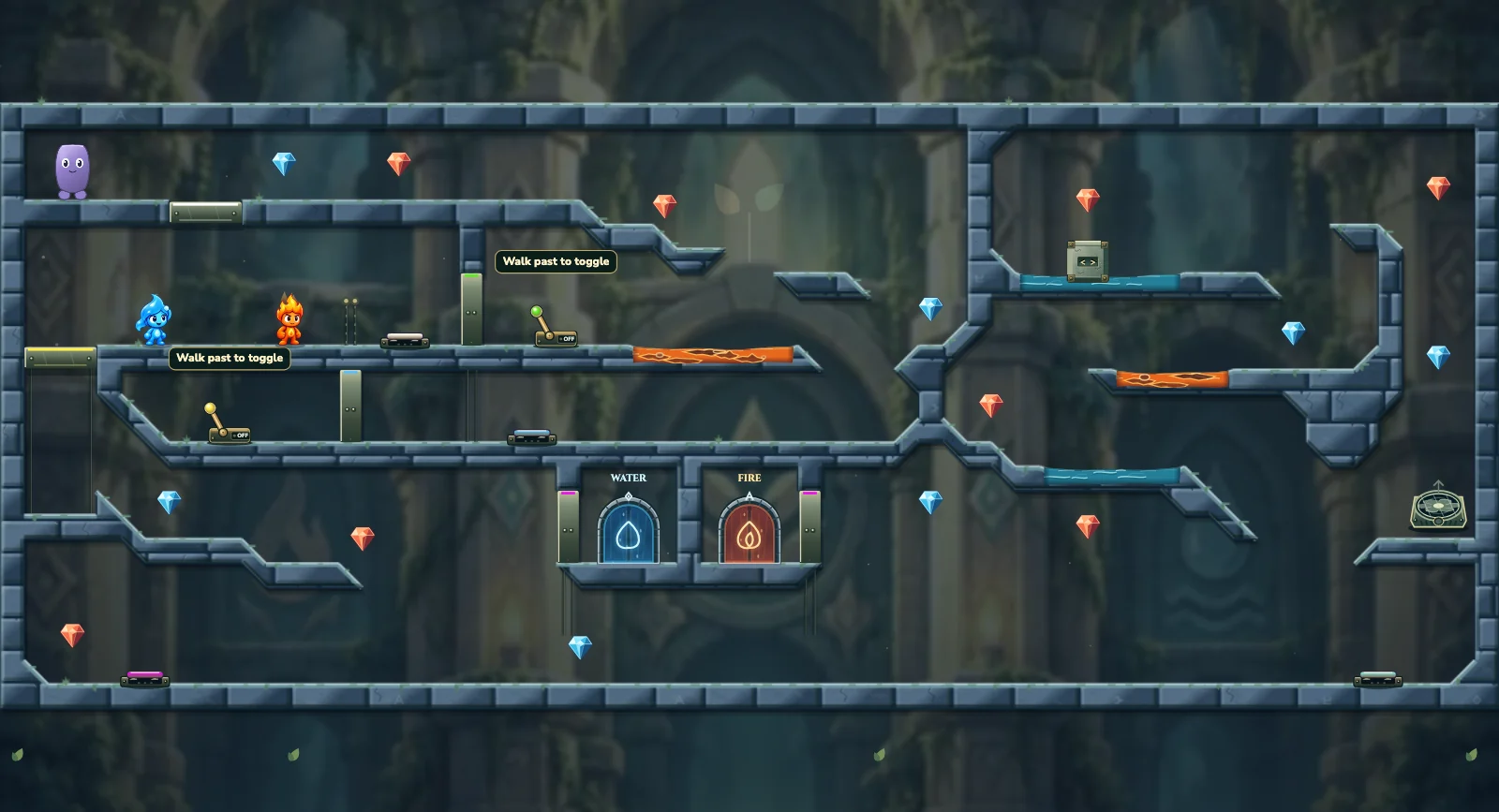 The Wind and Weight, friends level 10: actual game view with Fireboy, Watergirl, diamonds, elemental pools, matching exits, and this level’s mechanisms.